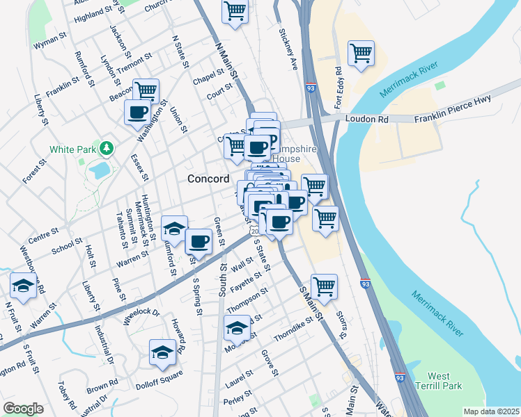 map of restaurants, bars, coffee shops, grocery stores, and more near 5 Market Lane in Concord