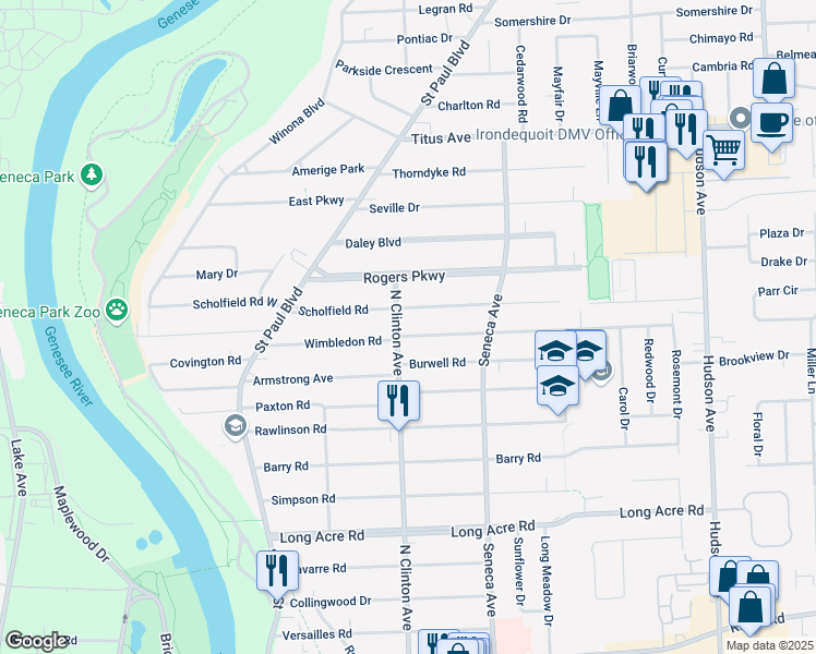 map of restaurants, bars, coffee shops, grocery stores, and more near in Irondequoit