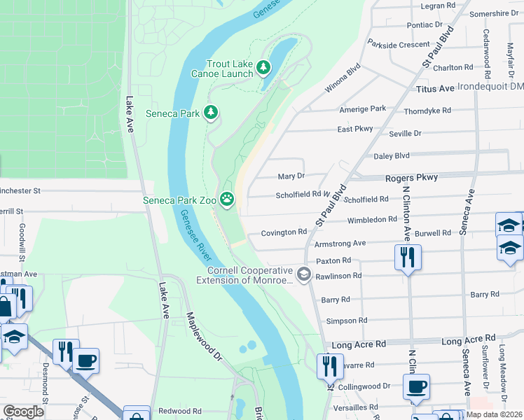 map of restaurants, bars, coffee shops, grocery stores, and more near 37 Maplehurst Road in Rochester