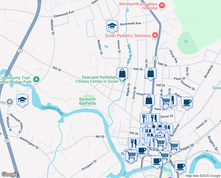 map of restaurants, bars, coffee shops, grocery stores, and more near 10 Horne Street in Dover