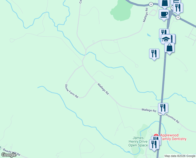 map of restaurants, bars, coffee shops, grocery stores, and more near 221 Mallego Road in Barrington