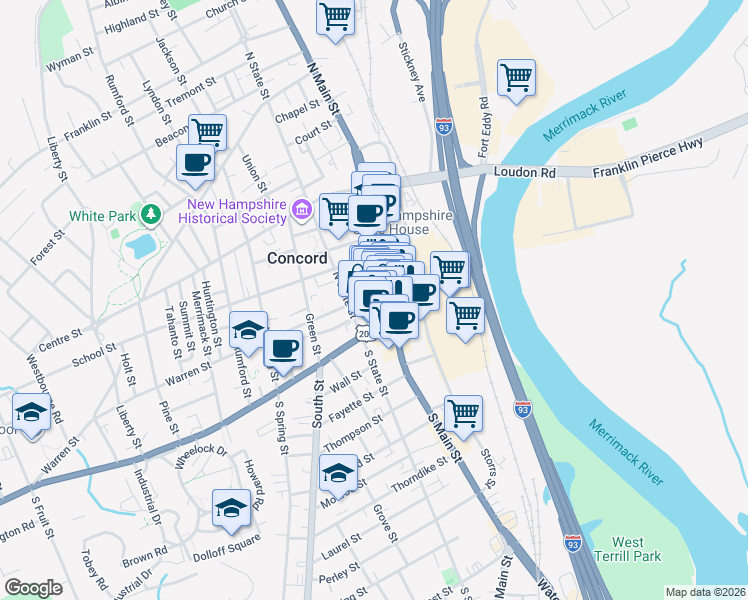 map of restaurants, bars, coffee shops, grocery stores, and more near 5 Market Lane in Concord