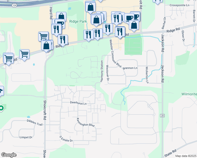 map of restaurants, bars, coffee shops, grocery stores, and more near 1195 Rousseau Drive in Webster