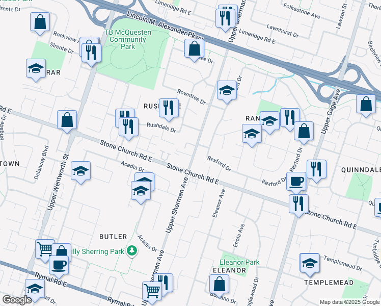 map of restaurants, bars, coffee shops, grocery stores, and more near 1354 Upper Sherman Avenue in Hamilton