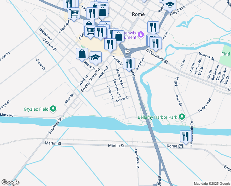 map of restaurants, bars, coffee shops, grocery stores, and more near 409 Louisa Street in Rome