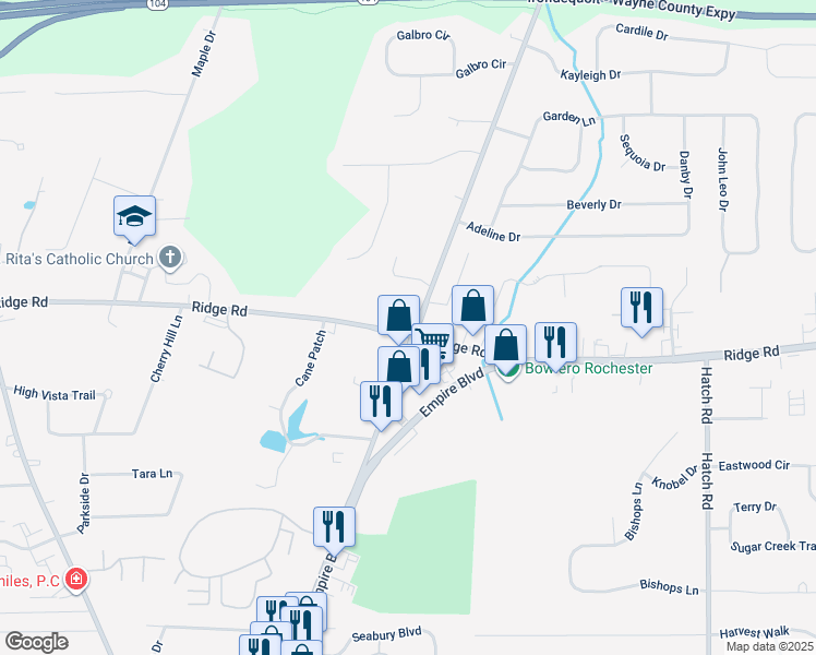 map of restaurants, bars, coffee shops, grocery stores, and more near 1043 Gravel Road in Webster