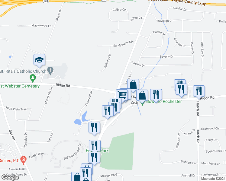 map of restaurants, bars, coffee shops, grocery stores, and more near in Monroe County