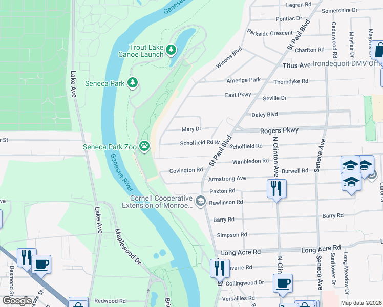 map of restaurants, bars, coffee shops, grocery stores, and more near 89 Maplehurst Road in Irondequoit