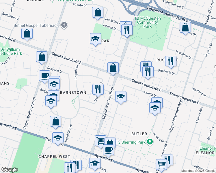 map of restaurants, bars, coffee shops, grocery stores, and more near 470 Stone Church Road East in Hamilton