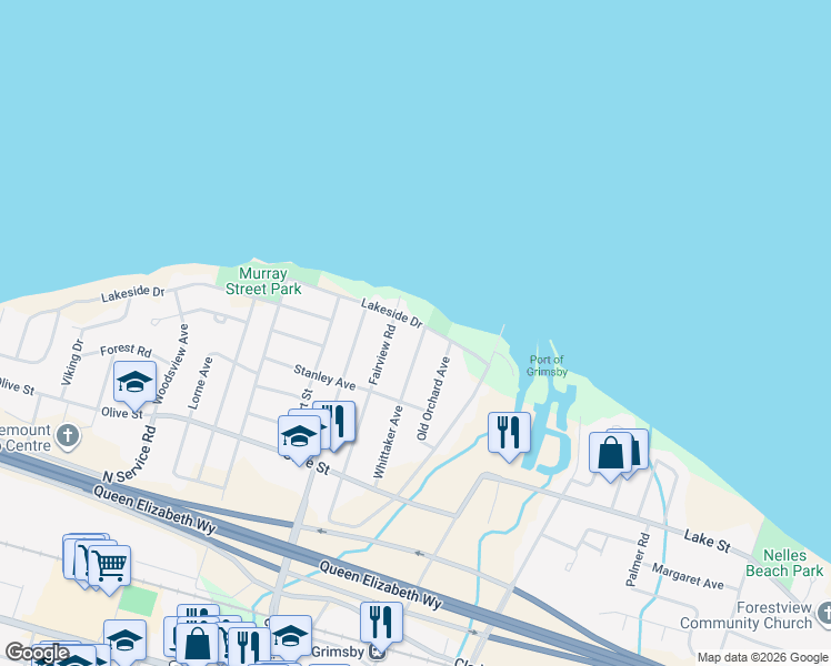 map of restaurants, bars, coffee shops, grocery stores, and more near 49 Whittaker Avenue in Grimsby