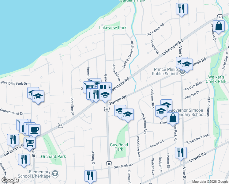 map of restaurants, bars, coffee shops, grocery stores, and more near 13 Parnell Road in St. Catharines
