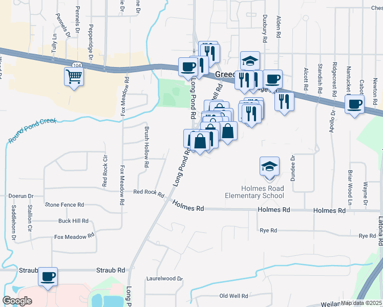 map of restaurants, bars, coffee shops, grocery stores, and more near 500 Greece Ridge Center Drive in Greece