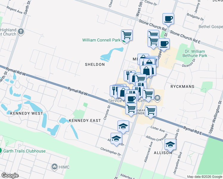 map of restaurants, bars, coffee shops, grocery stores, and more near 1236 West 5th Street in Hamilton