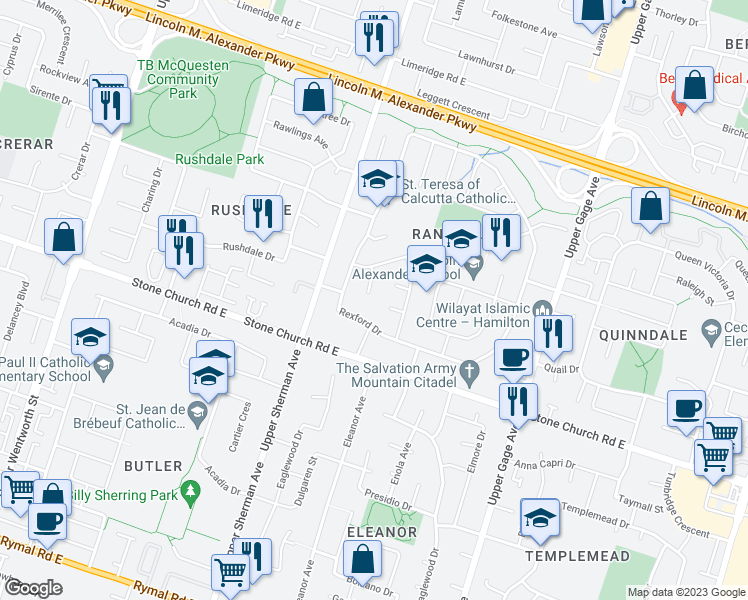 map of restaurants, bars, coffee shops, grocery stores, and more near 35 Amblecote Place in Hamilton