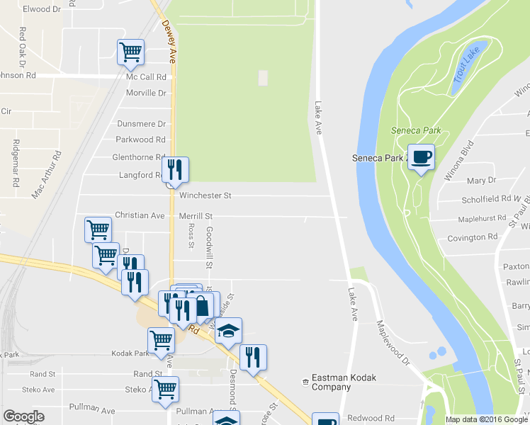 map of restaurants, bars, coffee shops, grocery stores, and more near 148 Merrill Street in Rochester