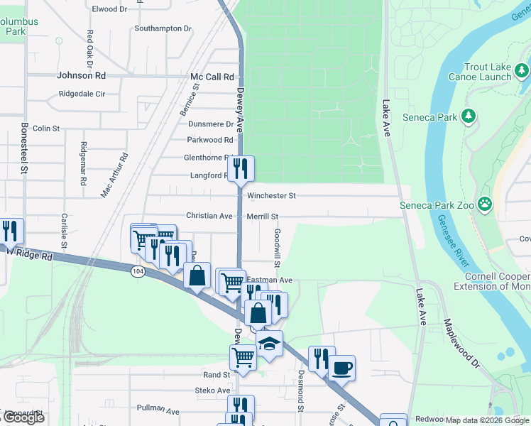 map of restaurants, bars, coffee shops, grocery stores, and more near 292 Merrill Street in Rochester