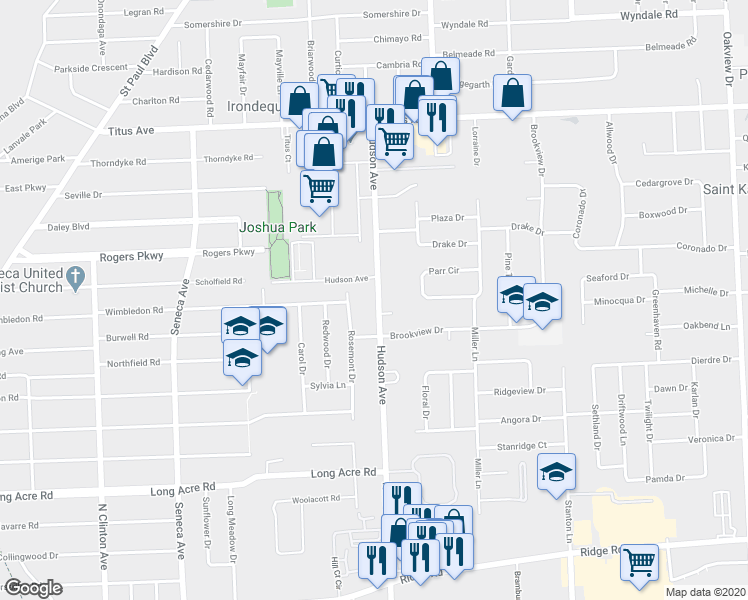 map of restaurants, bars, coffee shops, grocery stores, and more near 2019 Hudson Avenue in Rochester