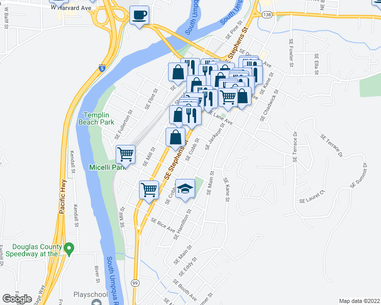 map of restaurants, bars, coffee shops, grocery stores, and more near SE Cobb St & SE Blakeley Ave in Roseburg
