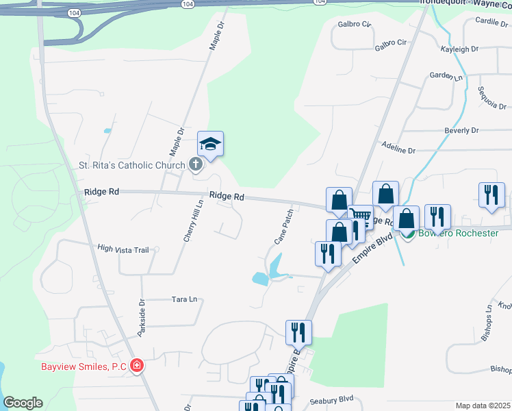 map of restaurants, bars, coffee shops, grocery stores, and more near 539 Ridge Rd in Webster