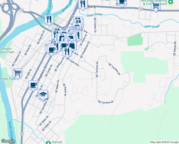 map of restaurants, bars, coffee shops, grocery stores, and more near 846 Southeast Glenn Street in Roseburg