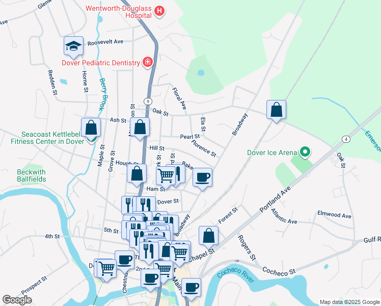 map of restaurants, bars, coffee shops, grocery stores, and more near 29 Baker Street in Dover