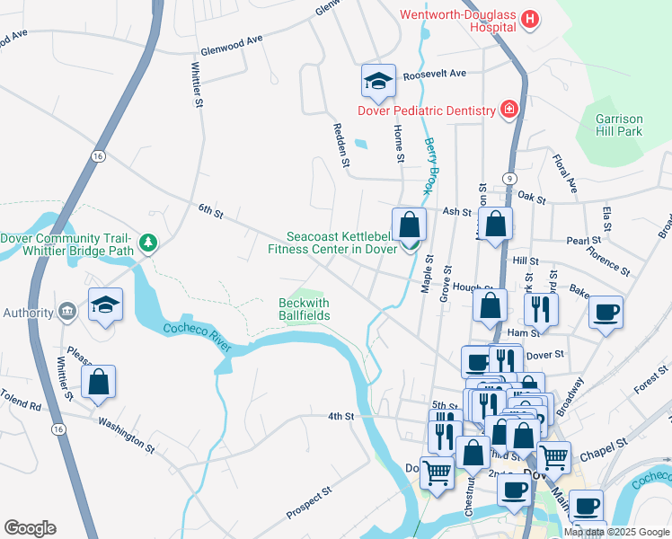 map of restaurants, bars, coffee shops, grocery stores, and more near 98 6th Street in Dover