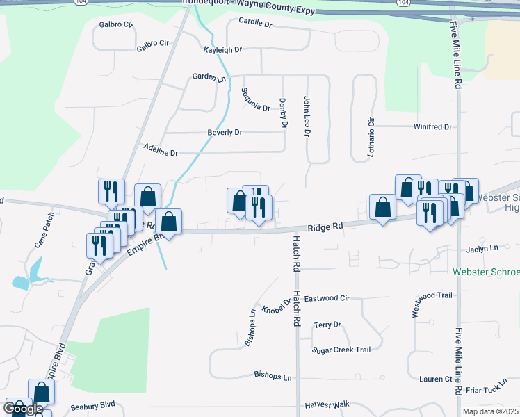 map of restaurants, bars, coffee shops, grocery stores, and more near 696 Ridge Road in Webster