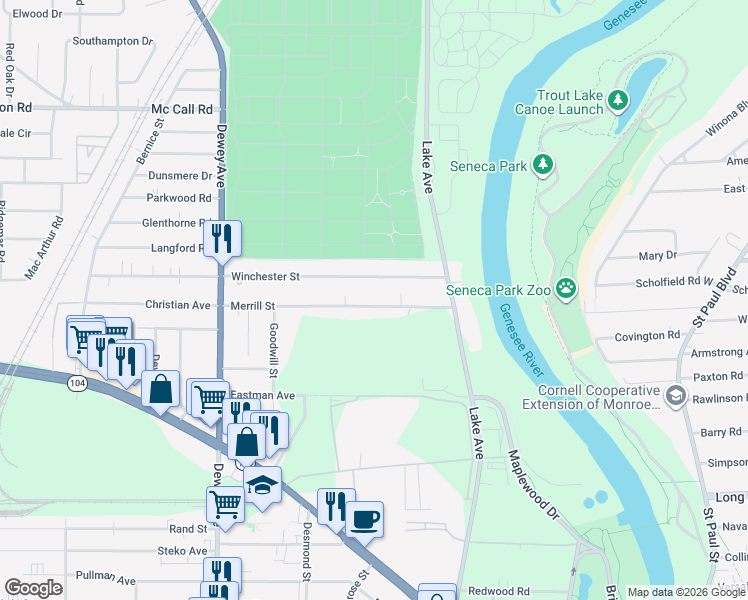 map of restaurants, bars, coffee shops, grocery stores, and more near 129 Merrill Street in Rochester