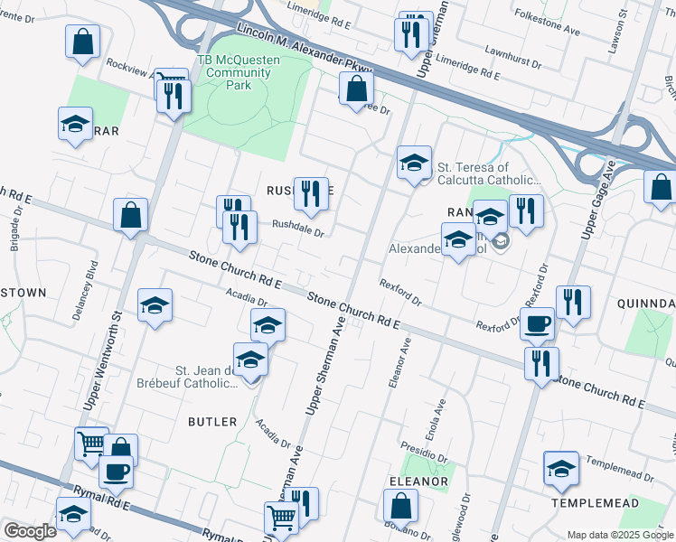 map of restaurants, bars, coffee shops, grocery stores, and more near in Hamilton