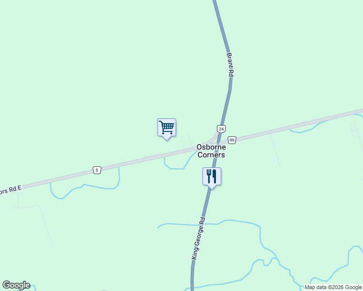 map of restaurants, bars, coffee shops, grocery stores, and more near 349 Governors Road East in Brant