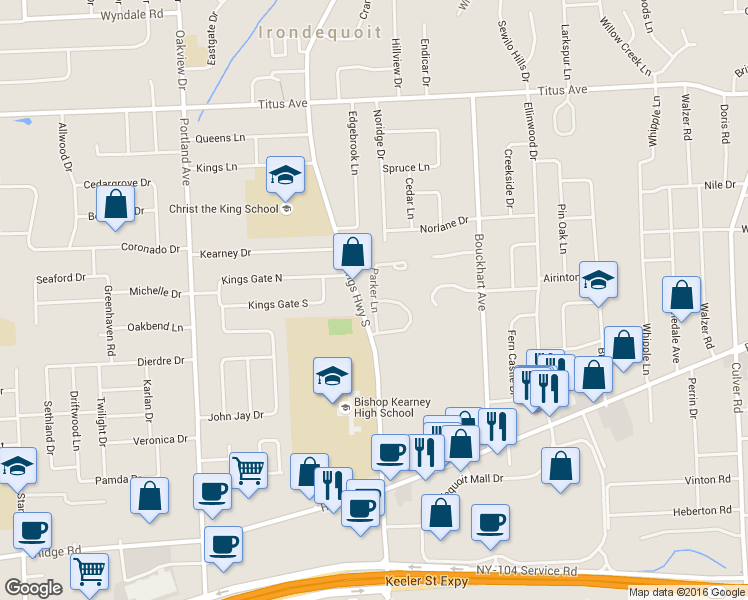map of restaurants, bars, coffee shops, grocery stores, and more near 156 Parker Lane in Irondequoit