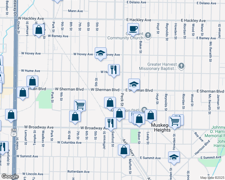 map of restaurants, bars, coffee shops, grocery stores, and more near 55 West Sherman Boulevard in Muskegon Heights