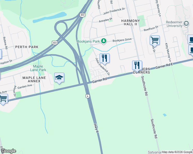 map of restaurants, bars, coffee shops, grocery stores, and more near 1 Know Lane in Hamilton