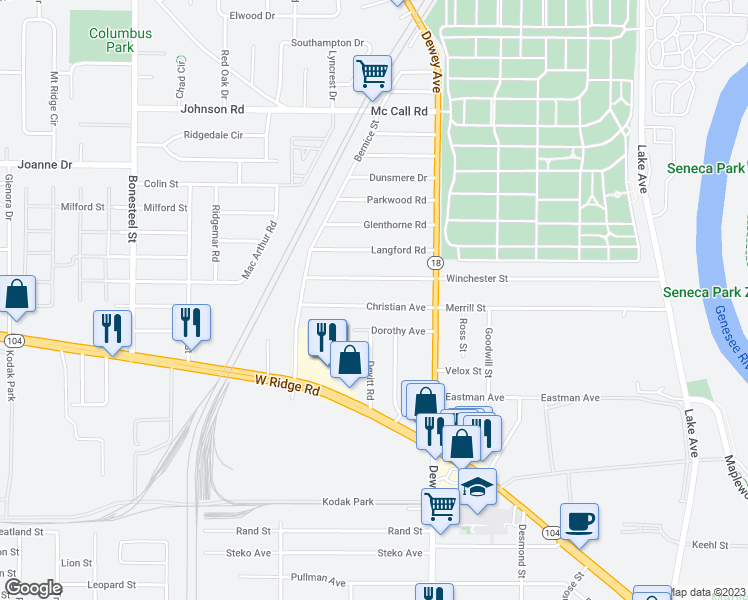map of restaurants, bars, coffee shops, grocery stores, and more near 88 Christian Avenue in Rochester