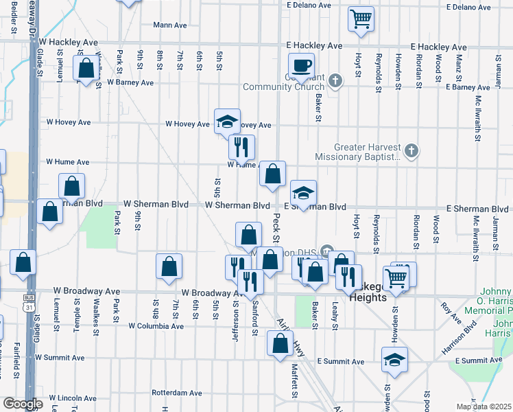map of restaurants, bars, coffee shops, grocery stores, and more near 55 West Sherman Boulevard in Muskegon Heights