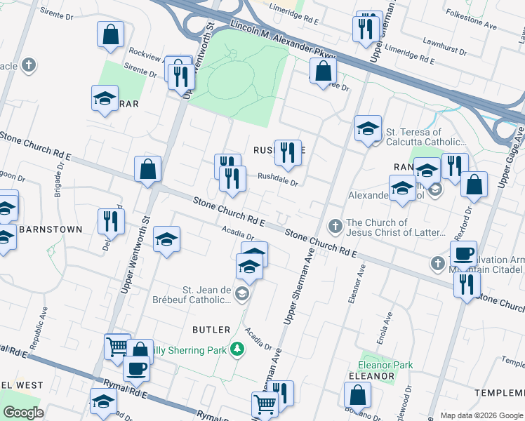 map of restaurants, bars, coffee shops, grocery stores, and more near 605 Stone Church Road East in Hamilton
