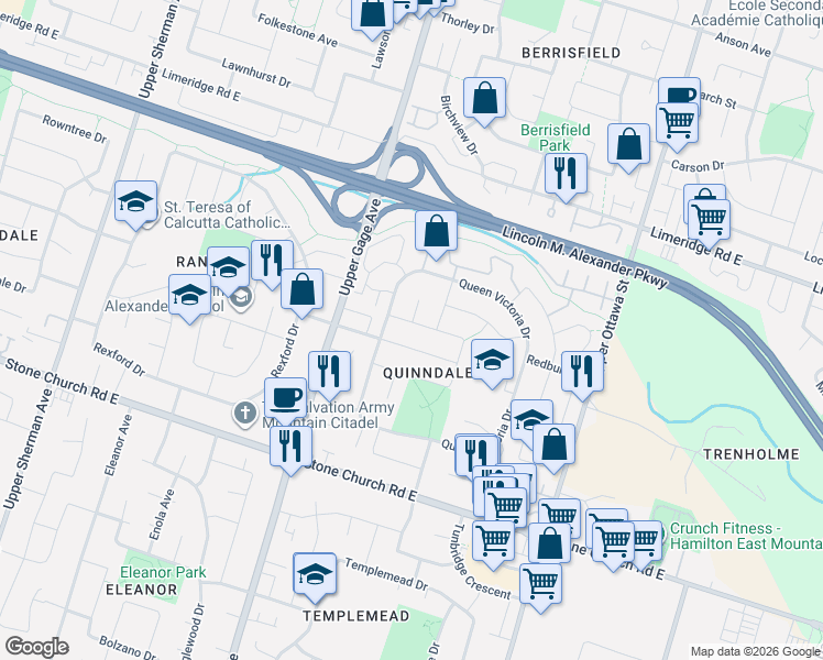 map of restaurants, bars, coffee shops, grocery stores, and more near in Hamilton