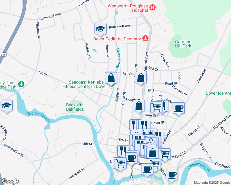 map of restaurants, bars, coffee shops, grocery stores, and more near 28 Maple Street in Dover