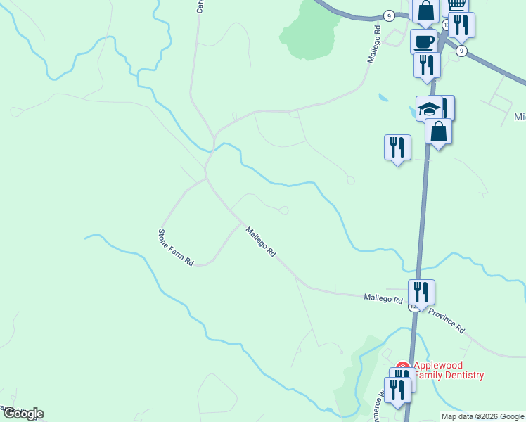 map of restaurants, bars, coffee shops, grocery stores, and more near 221 Mallego Road in Barrington