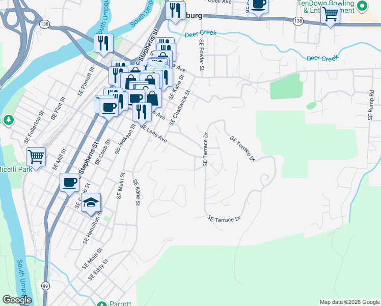 map of restaurants, bars, coffee shops, grocery stores, and more near 846 Southeast Glenn Street in Roseburg