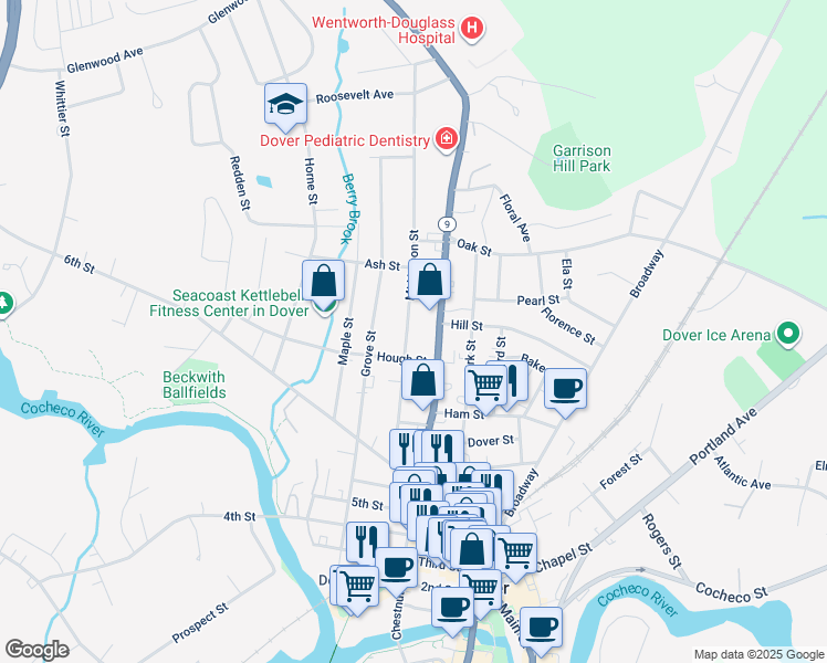 map of restaurants, bars, coffee shops, grocery stores, and more near 45 Mount Vernon Street in Dover
