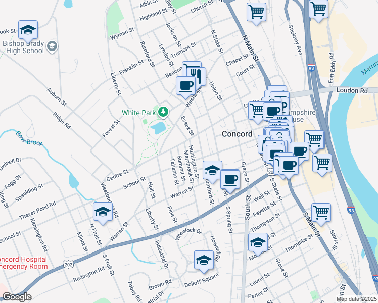 map of restaurants, bars, coffee shops, grocery stores, and more near 76 School Street in Concord