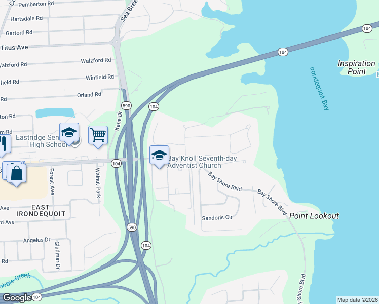 map of restaurants, bars, coffee shops, grocery stores, and more near 2725 East Ridge Road in Irondequoit