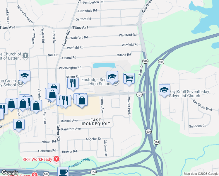 map of restaurants, bars, coffee shops, grocery stores, and more near 2329 County Road 241 in Irondequoit