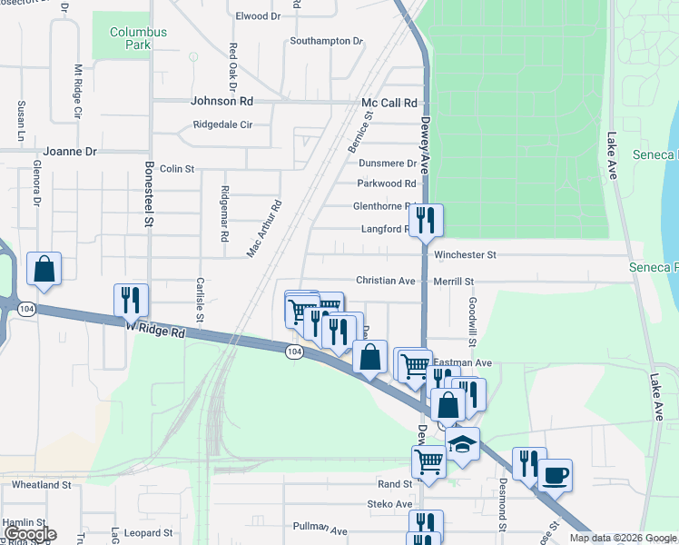 map of restaurants, bars, coffee shops, grocery stores, and more near 145 Christian Avenue in Rochester