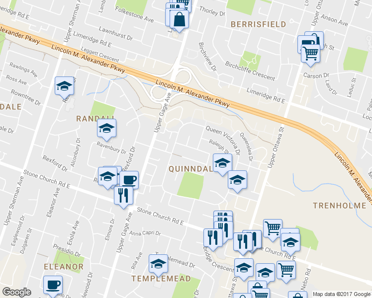 map of restaurants, bars, coffee shops, grocery stores, and more near in Hamilton