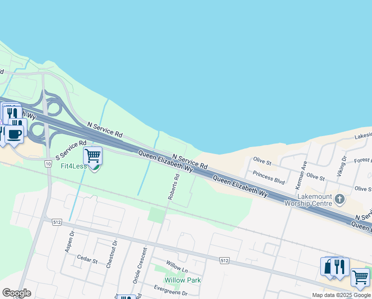 map of restaurants, bars, coffee shops, grocery stores, and more near 357 Roberts Road in Grimsby