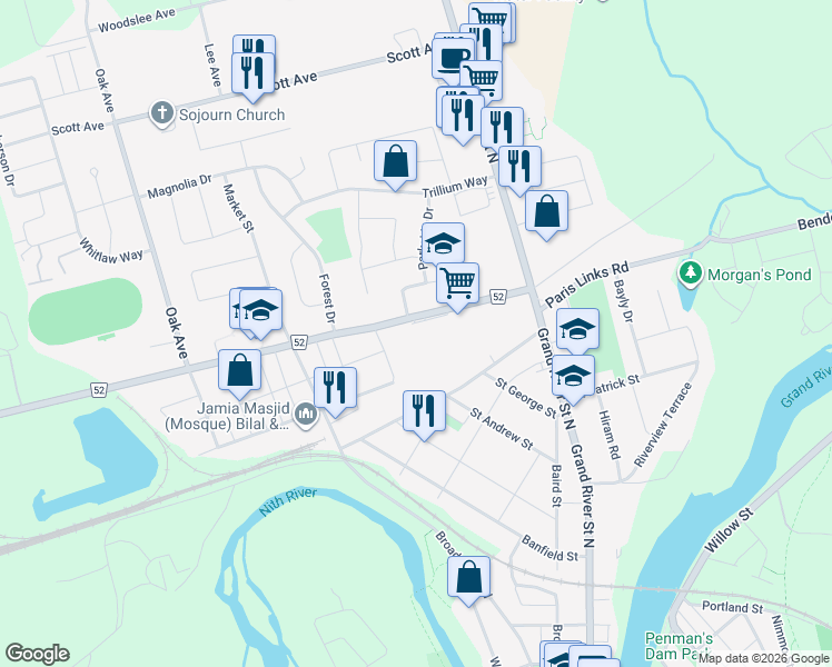 map of restaurants, bars, coffee shops, grocery stores, and more near 6 Adams Street in Brant