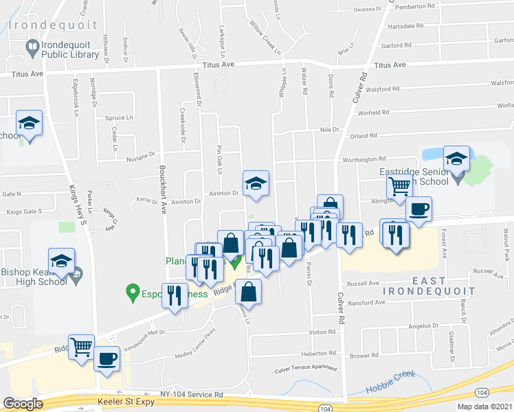 map of restaurants, bars, coffee shops, grocery stores, and more near 800 Brown Road in Rochester