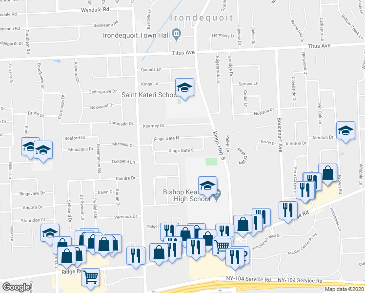map of restaurants, bars, coffee shops, grocery stores, and more near 120 Kings Gate South in Rochester
